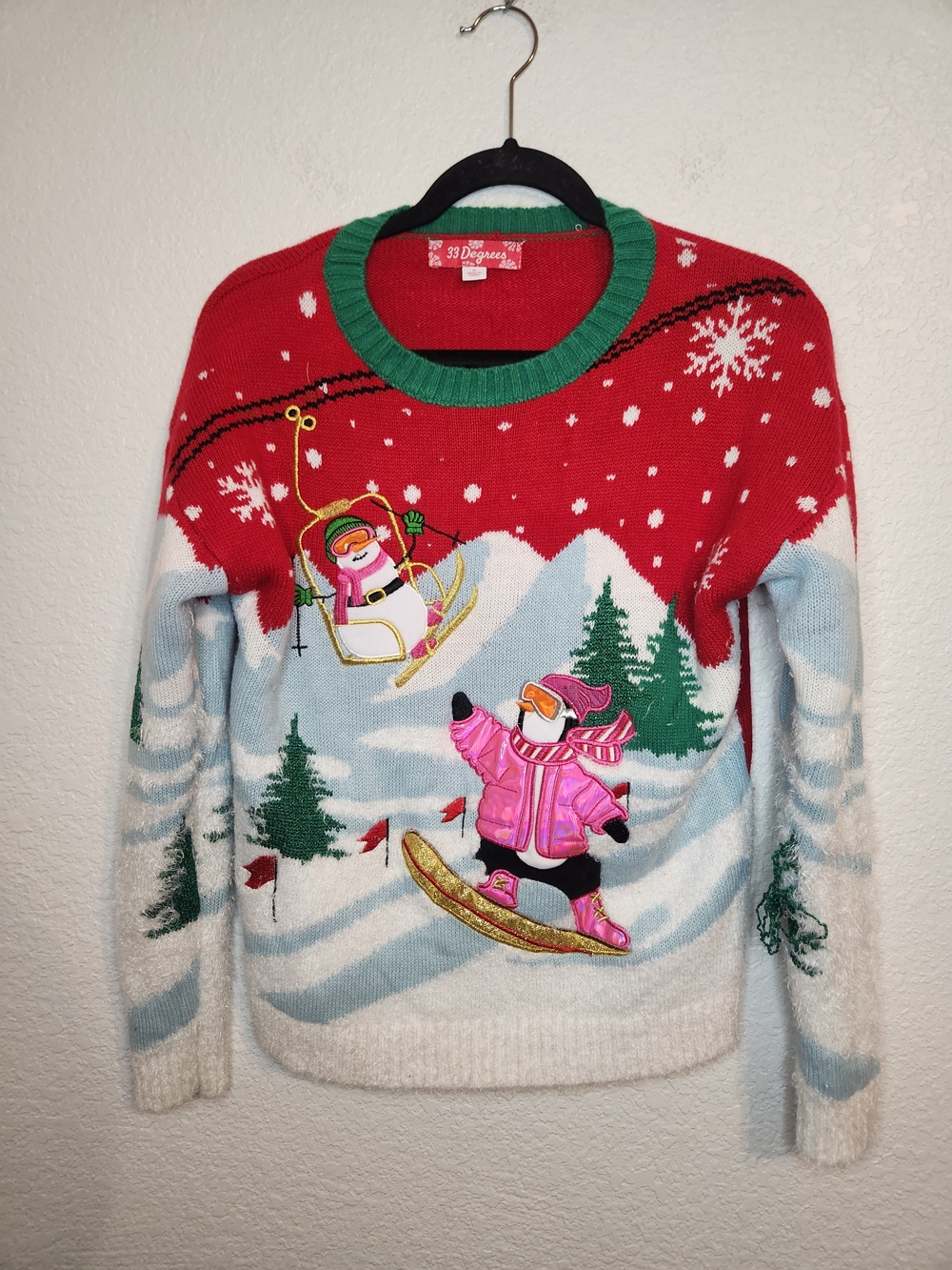 33 Degrees Red & Pink Penguin Ski Holiday Sweater ugly sweater S